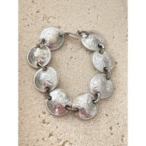 Vintage Canadian Penny Coin Bracelet 1 Cent Maple Leaf Link In Silver Tone